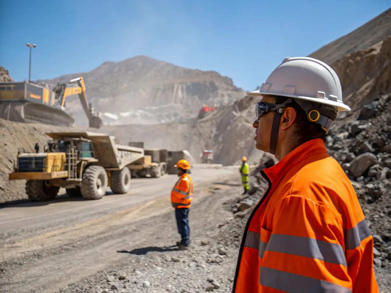 A high-angle shot of a modern mine site in the Northern Territory, with heavy machinery and workers in safety gear, representing the mining industry.