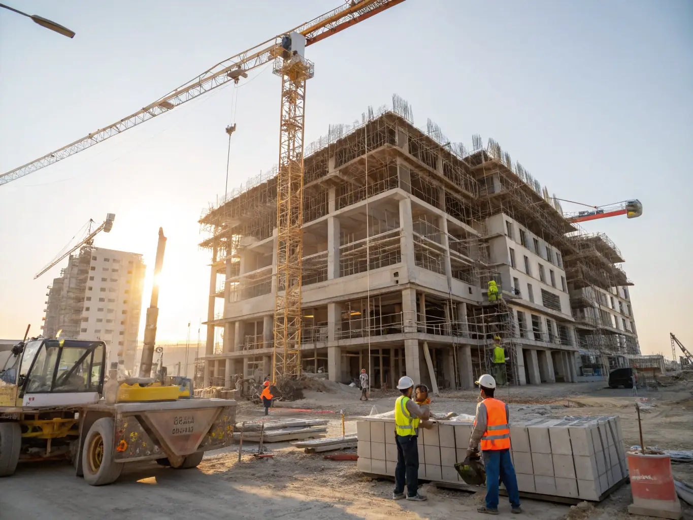 A vibrant photo of a construction site in Darwin, showing workers building a new commercial building, representing the construction industry.