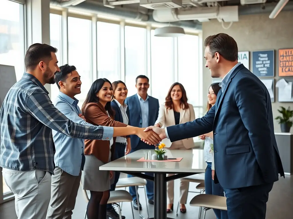 An image showing a diverse group of employees and employers shaking hands, symbolizing a successful employer-employee match facilitated by Levitate Solutions.